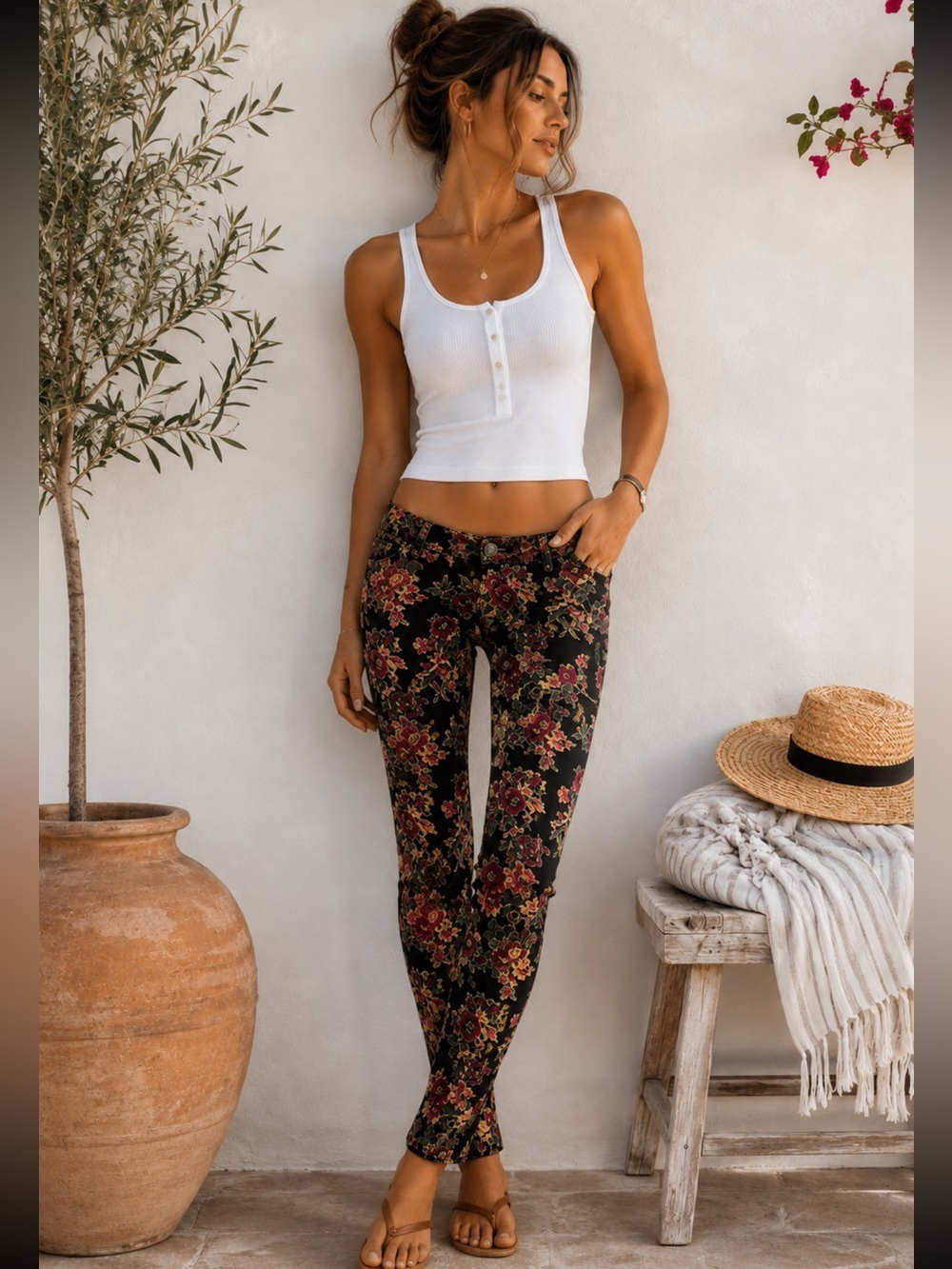 Free People Floral Low Rise Skinny Pants Y2K Boho 24